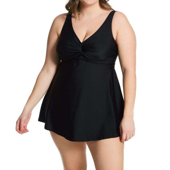 Raisins Curve Plus Size Atlantic Solids Lucia Plunge Swim Dress Black Size 18W - Picture 1 of 1